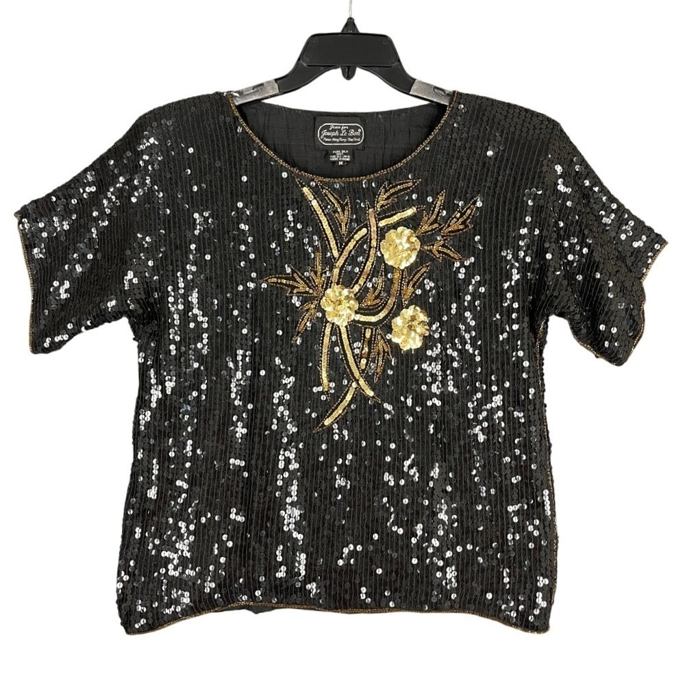 Joseph Le Bon‎ Silk Sequin Top Black Gold Floral Beaded Party Blouse Medium